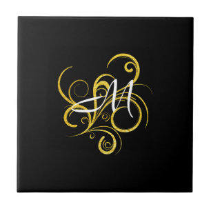 Minimalistic Gold Black Monogram Ceramic Tile