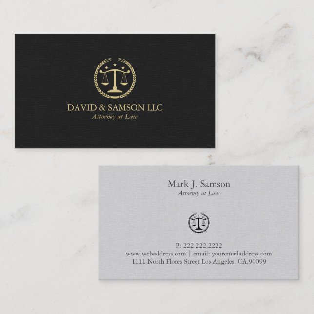 Minimalistic Gold Justice Logo, Black & Gray Linen Business Card (Front/Back)