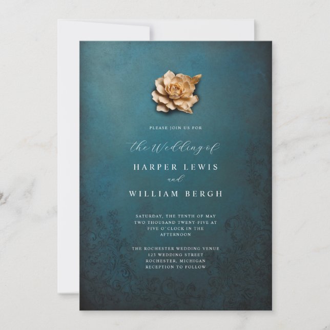 minimalistic golden rose wedding invitation (Front)