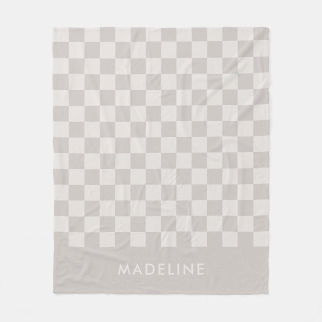 Minimalistic Gray Custom Name Checkered Fleece Blanket (Front)