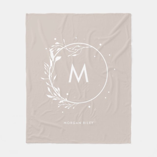Minimalistic Gray Floral Wreath Monogram Fleece Blanket (Front)