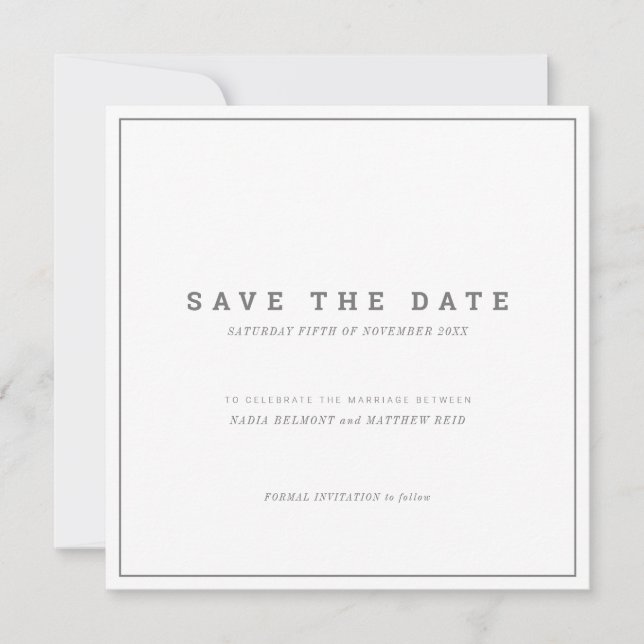 Minimalistic gray white square photo wedding save the date (Front)