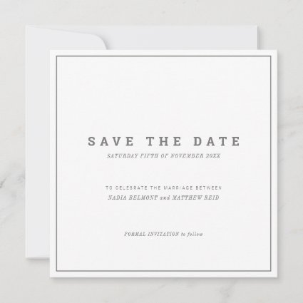 Minimalistic gray white square photo wedding save the date