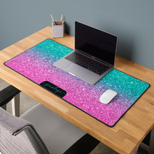 Minimalistic green and pink glitter gradient desk mat