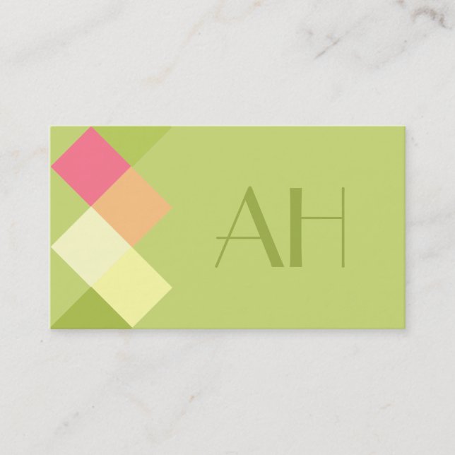 Minimalistic Green Squares & Monogram Business Card (Front)