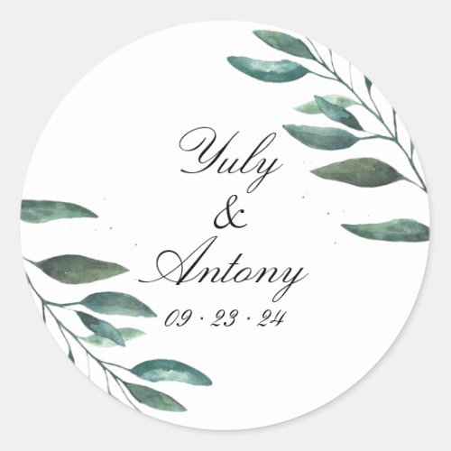 Minimalistic Greenery Botanical Modern Wedding  Classic Round Sticker