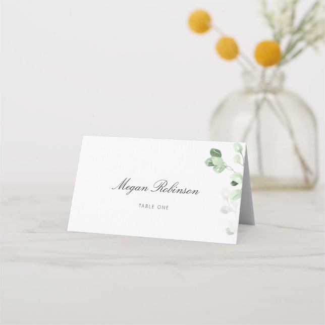Minimalistic Greenery Wedding Tent Place Card (Front)