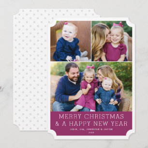 Minimalistic Grid 3 Photo Fuchsia Holiday Card