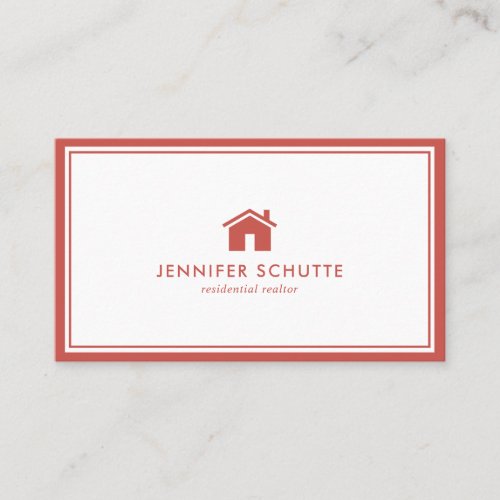 Minimalistic House Logo Red  White Plaid Realtor Business Card