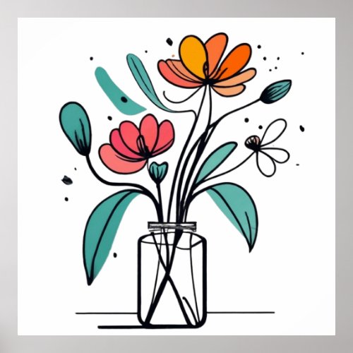 Minimalistic ink drawn flowers in a vase poster