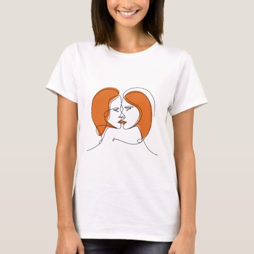 Minimalistic Lesbian Couple Line Art T_Shirt