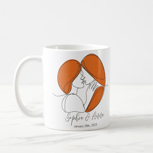 Minimalistic Lesbian Kiss Line Art Personalized Coffee Mug (Left)