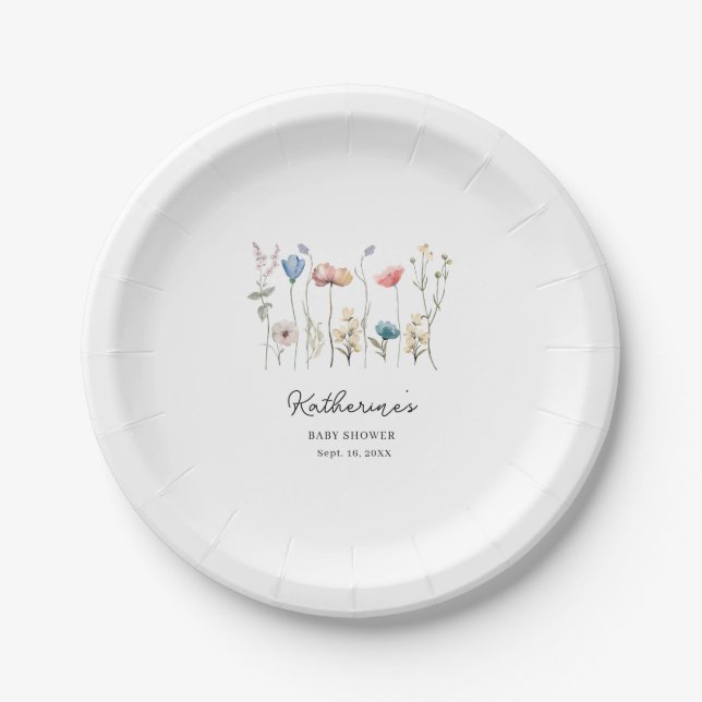  Minimalistic Long-Stem Wildflower Baby Shower Paper Plates (Front)