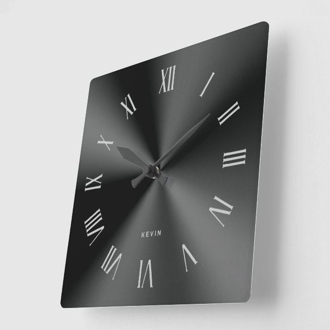 Minimalistic metallic black gray roman numerals square wall clock (Angle)