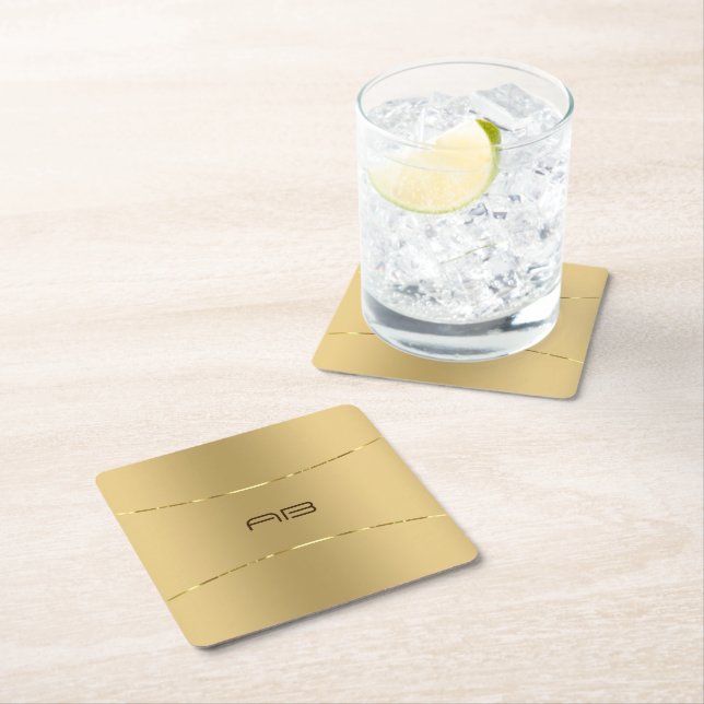 Minimalistic metallic gold background square paper coaster (Insitu)