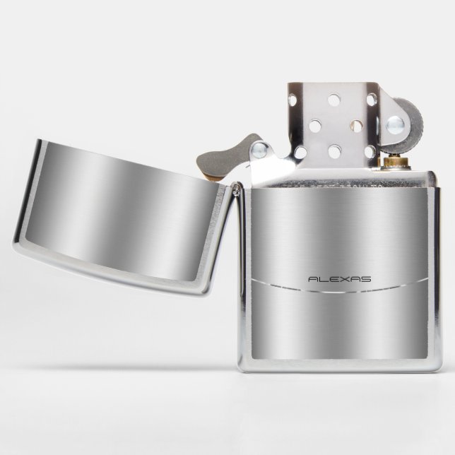 Minimalistic metallic silver background zippo lighter (Opened)