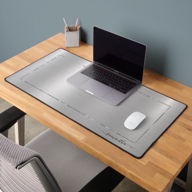 Minimalistic metallic silver texture silver frame desk mat (Office 2)