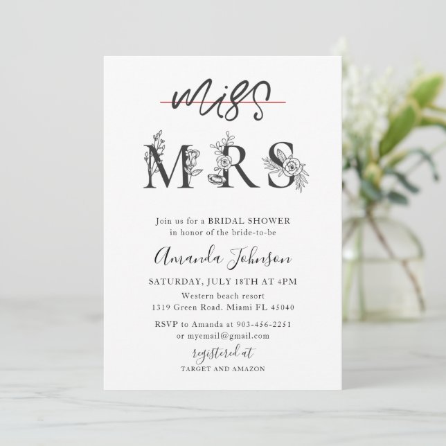 Minimalistic Miss to Mrs Bridal Shower Invitation (Standing Front)