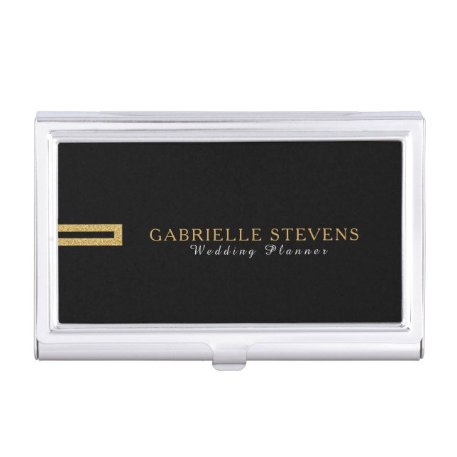 Minimalistic Modern Black & Gold Geometric Glitter Business Card Holder (Front)