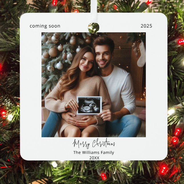 Minimalistic Modern Couple's Baby News Photo Metal Ornament (Creator Uploaded)