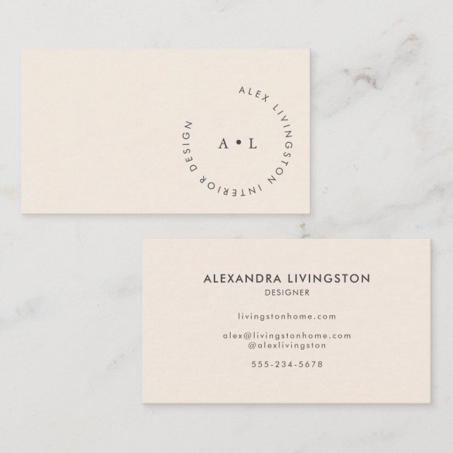 Minimalistic Modern Ivory Cream Circle Monogram Business Card (Front/Back)