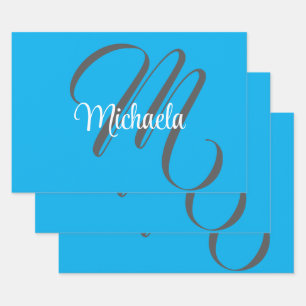 Minimalistic modern monogram initial name blue wrapping paper sheets