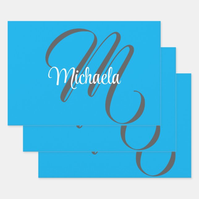 Minimalistic modern monogram initial name blue wrapping paper sheets (Set)
