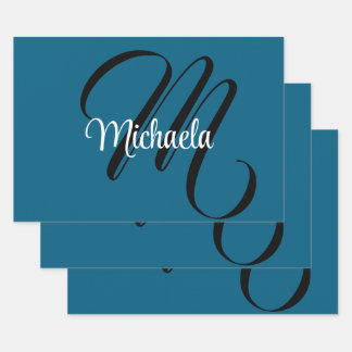 Minimalistic modern monogram initial name blue wrapping paper sheets