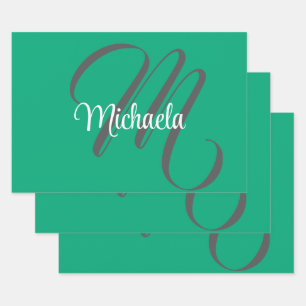 Minimalistic modern monogram initial name green wrapping paper sheets
