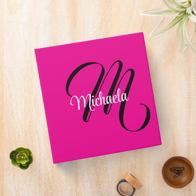 Minimalistic modern monogram initial name hot pink 3 ring binder (In Situ)