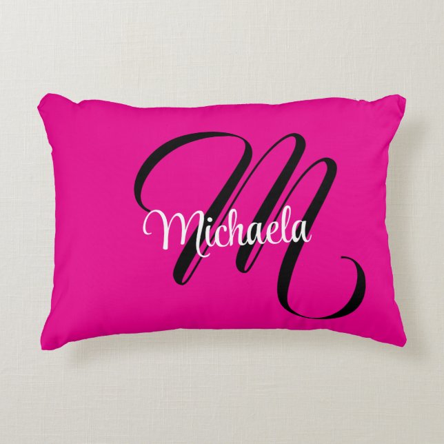 Minimalistic modern monogram initial name hot pink accent pillow (Front)
