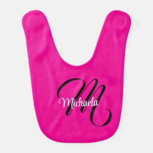 Minimalistic modern monogram initial name hot pink baby bib