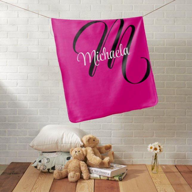 Minimalistic modern monogram initial name hot pink baby blanket (In Situ)