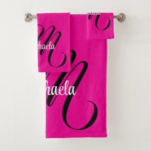Minimalistic modern monogram initial name hot pink bath towel set