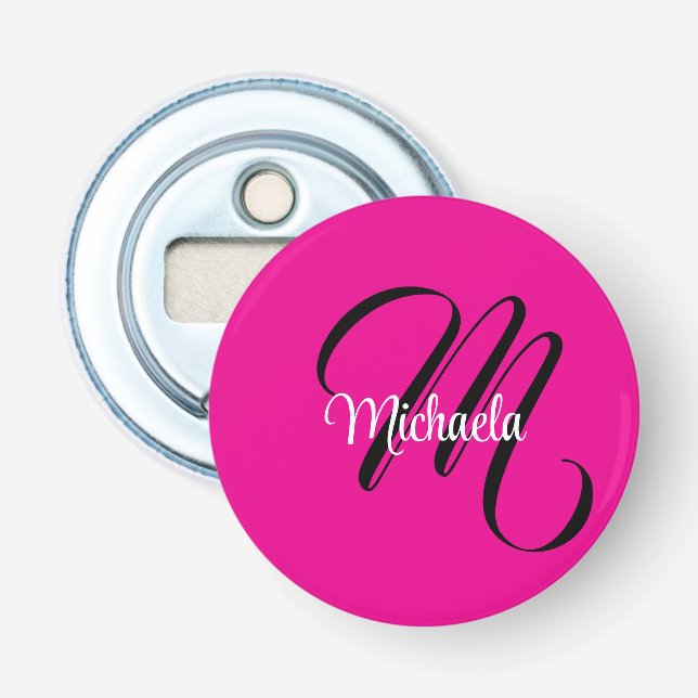 Minimalistic modern monogram initial name hot pink bottle opener (Front)