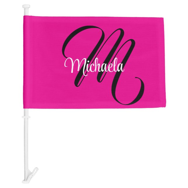 Minimalistic modern monogram initial name hot pink car flag (Front)