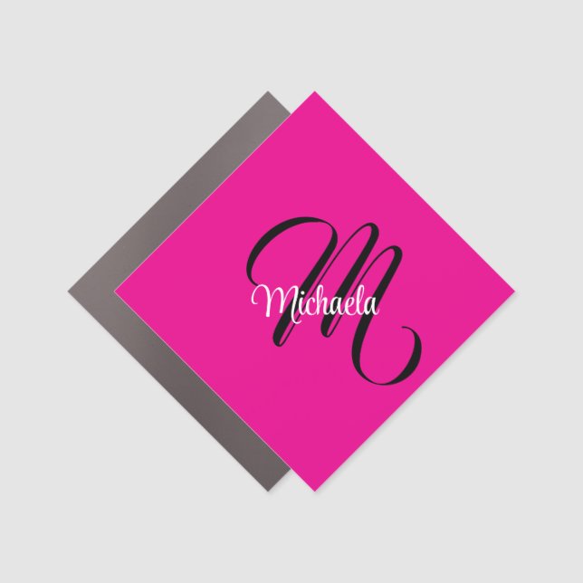 Minimalistic modern monogram initial name hot pink car magnet (Front)