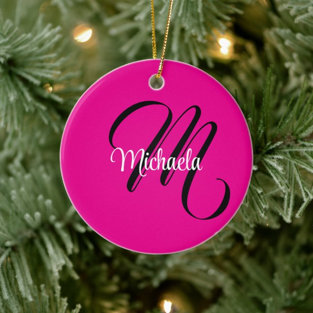 Minimalistic modern monogram initial name hot pink ceramic ornament (Tree)