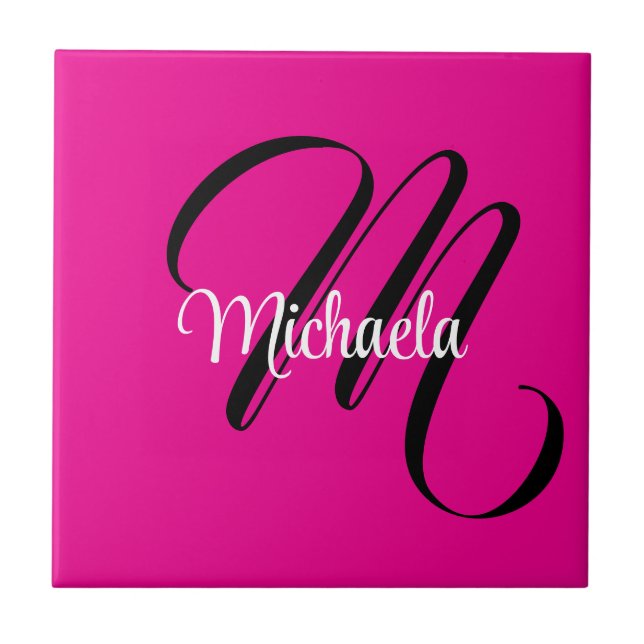 Minimalistic modern monogram initial name hot pink ceramic tile (Front)