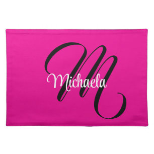 Minimalistic modern monogram initial name hot pink cloth placemat