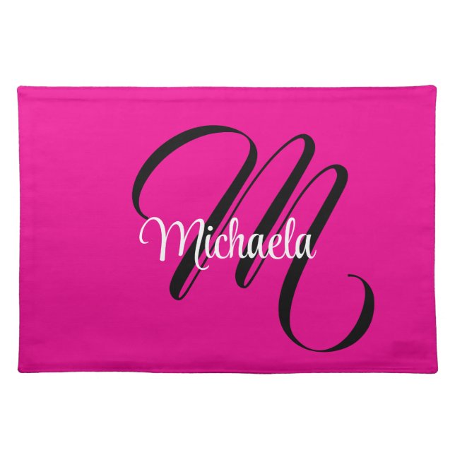 Minimalistic modern monogram initial name hot pink cloth placemat (Front)