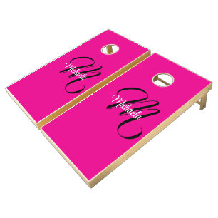 Minimalistic modern monogram initial name hot pink cornhole set