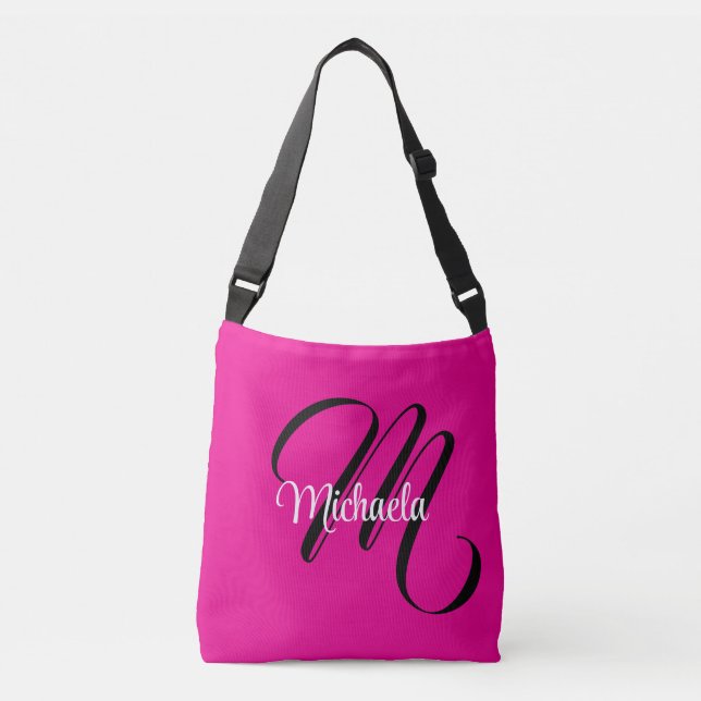 Minimalistic modern monogram initial name hot pink crossbody bag (Front)