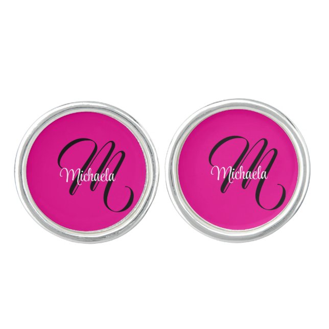 Minimalistic modern monogram initial name hot pink cufflinks (Front)