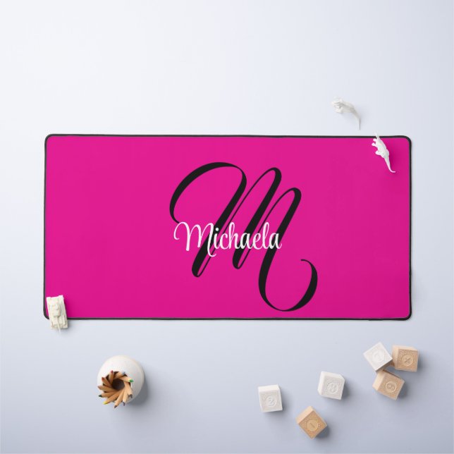 Minimalistic modern monogram initial name hot pink desk mat (Kids Table)