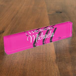 Minimalistic modern monogram initial name hot pink desk name plate