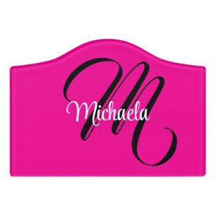 Minimalistic modern monogram initial name hot pink door sign