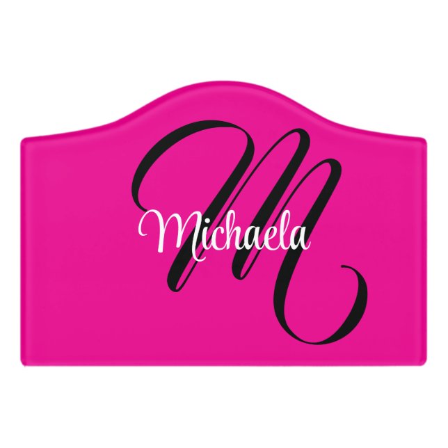 Minimalistic modern monogram initial name hot pink door sign (Small Crest Front)
