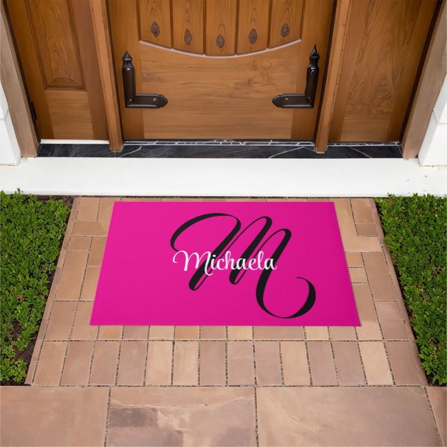 Minimalistic modern monogram initial name hot pink doormat (Outdoor)