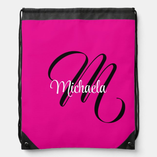 Minimalistic modern monogram initial name hot pink drawstring bag (Front)